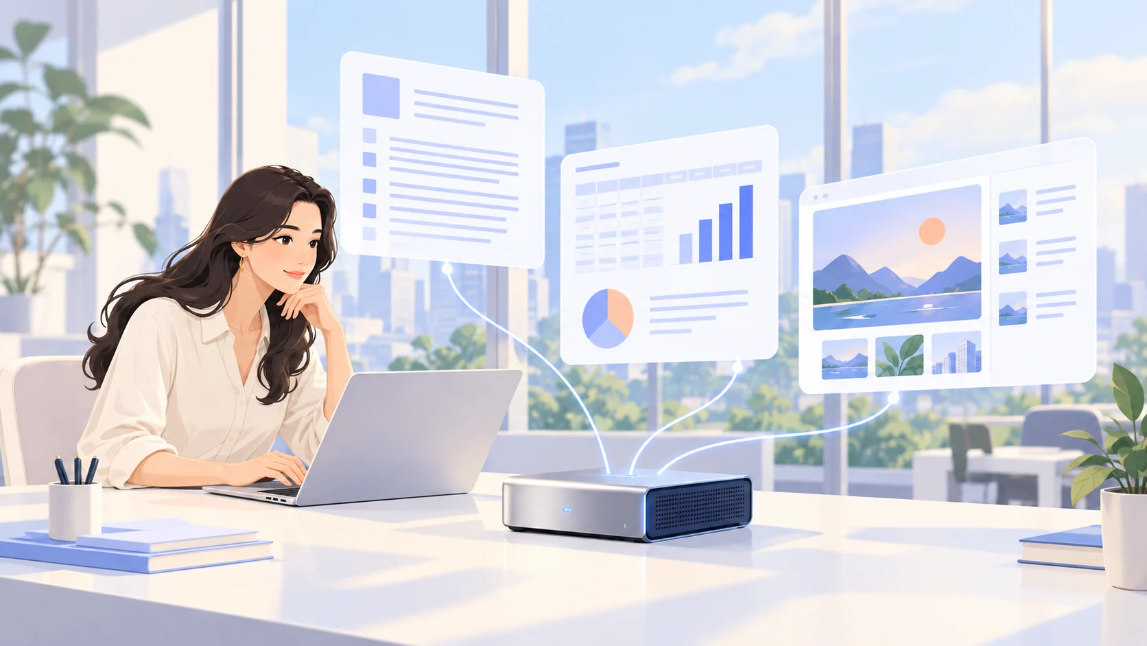 插画:一位女性使用电脑,AI 设备上方呈现文档、数据和图片面板。